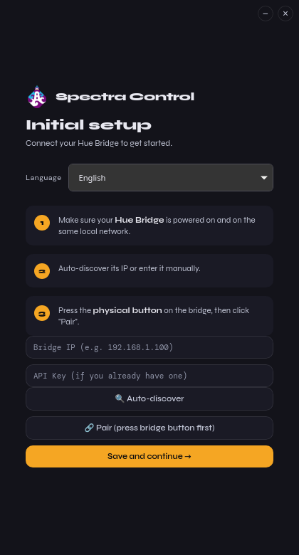 First-run wizard prompting for language and Hue bridge IP / API key, with a discover button.