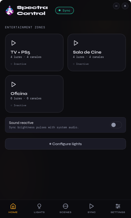 SpectraControl home screen showing three Hue entertainment zones: TV + PS5, Sala de Cine, and Oficina.