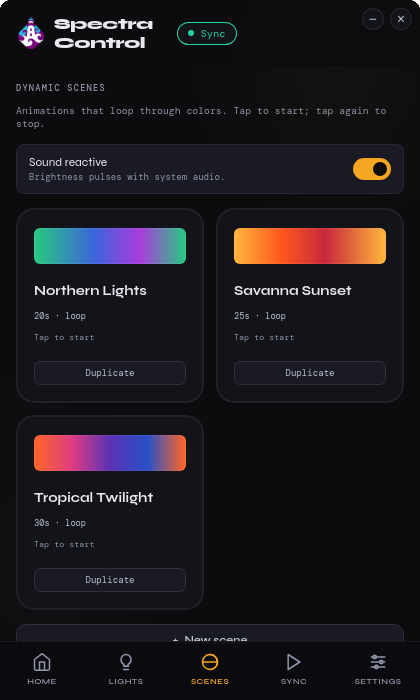 Dynamic scenes tab with a 'Sound reactive' toggle and preset cards.