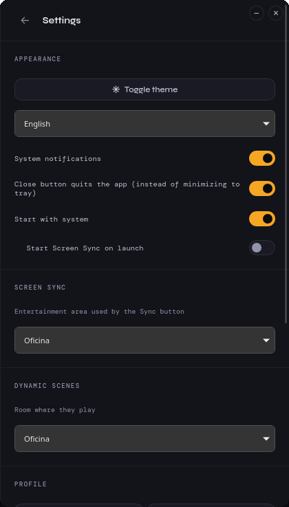 Settings drawer with theme, language, notifications, quit-on-close, autostart, and profile export/import.